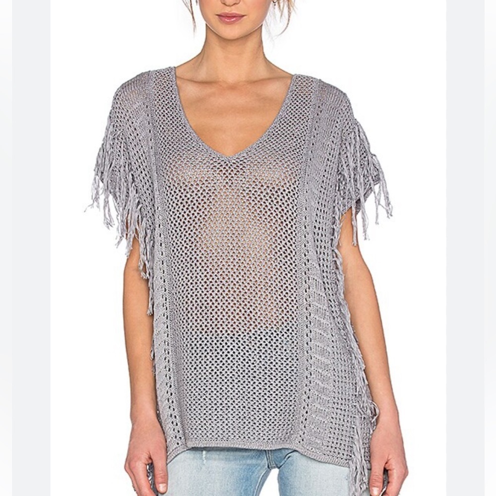 LEO & SAGE Fringe Sleeveless Poncho in Slate Grey size small 100% Cotton